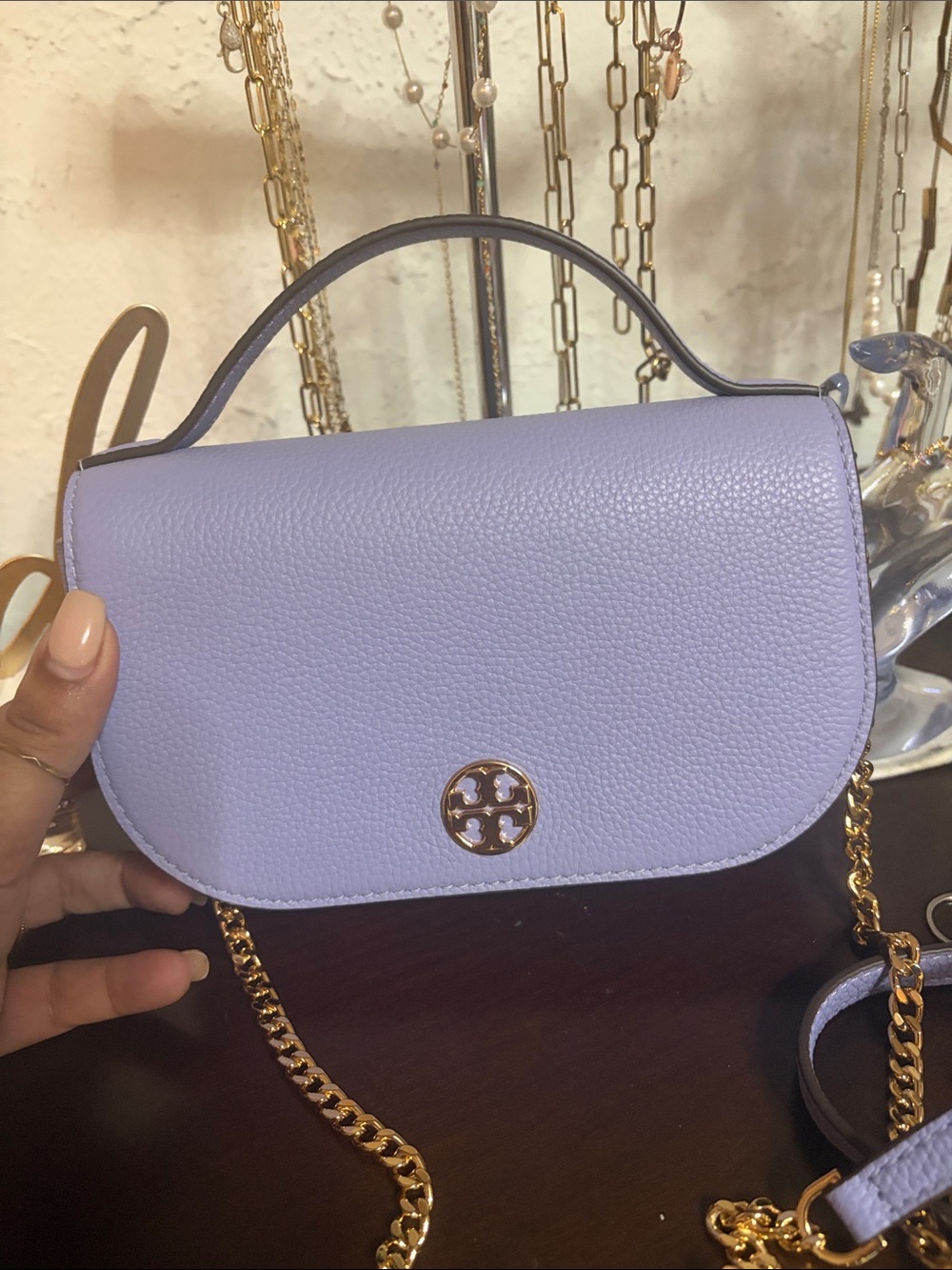 Tory Burch Lilac Leather Crossbody with Gold-Tone Chain